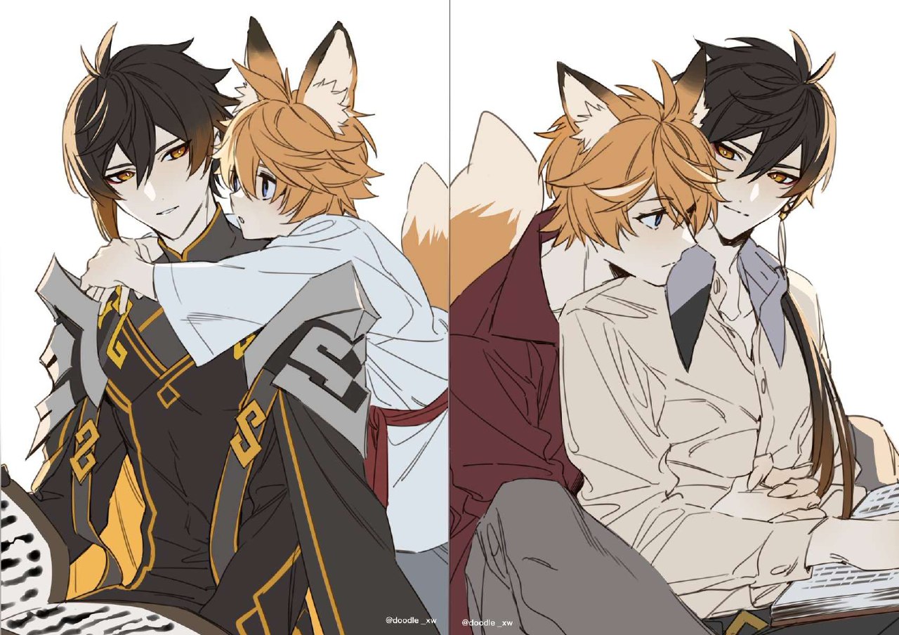 Genshin characters Zhongli and Tatarlia cuddling